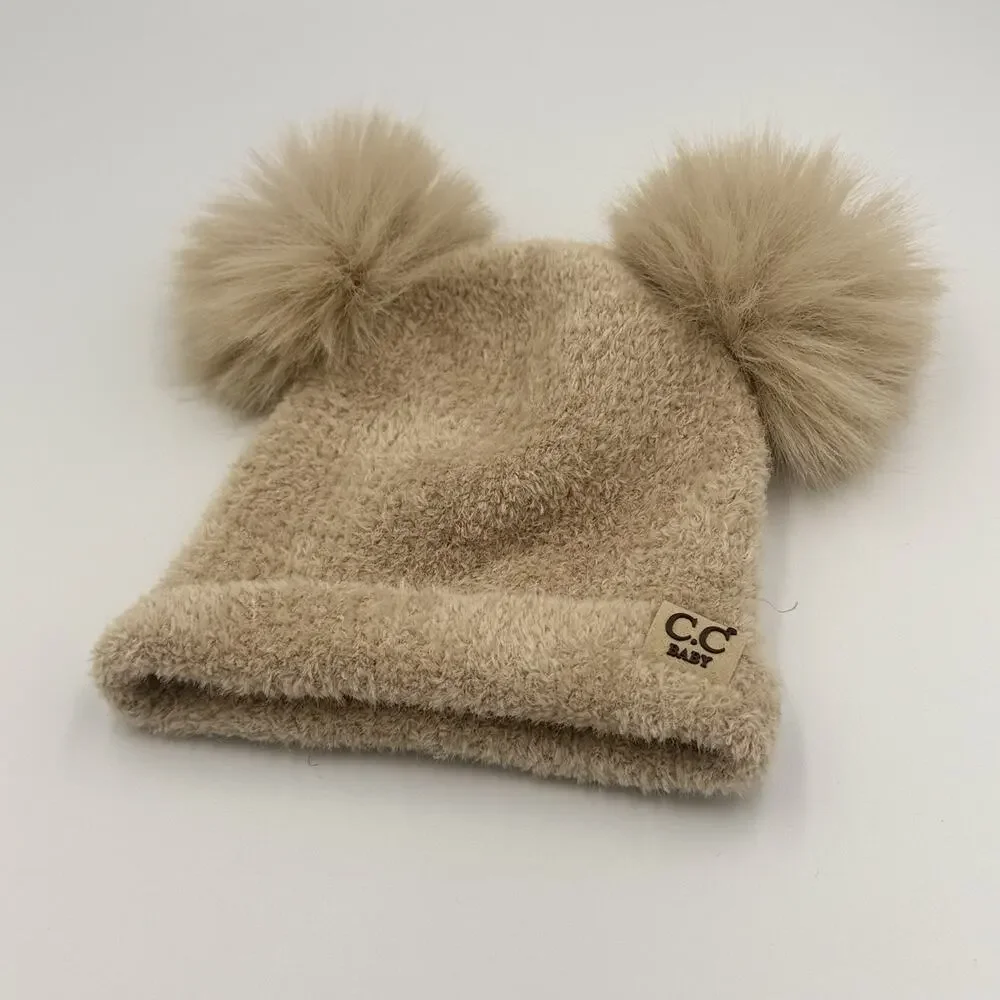 C.C Kids Children’s Double Pom Pom All Over Cable Knit Soft Beanie Hat 2-6yr